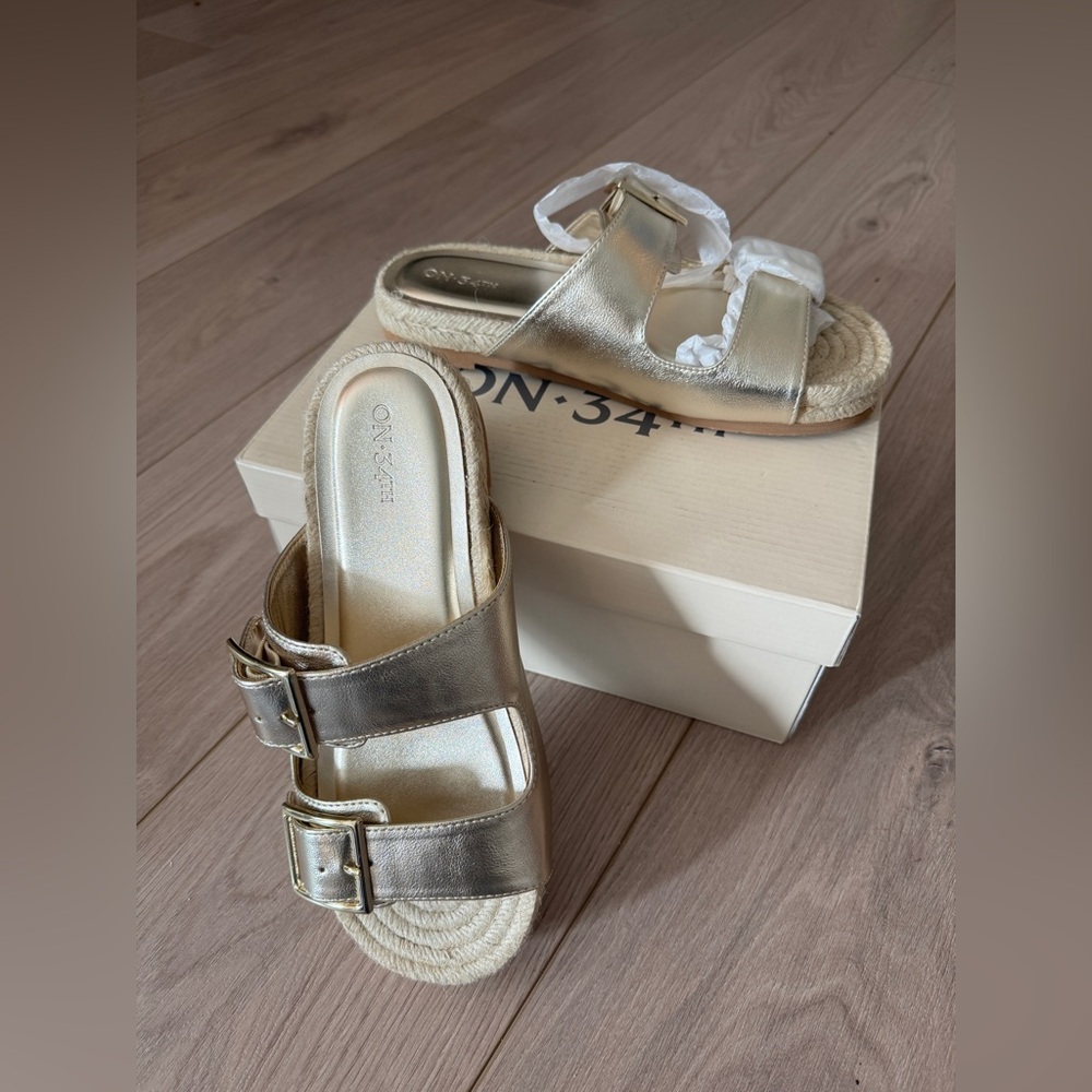 On 34th Metallic Gold Double-Buckle Slide Sandals - Women’s Size 7.5 NEW